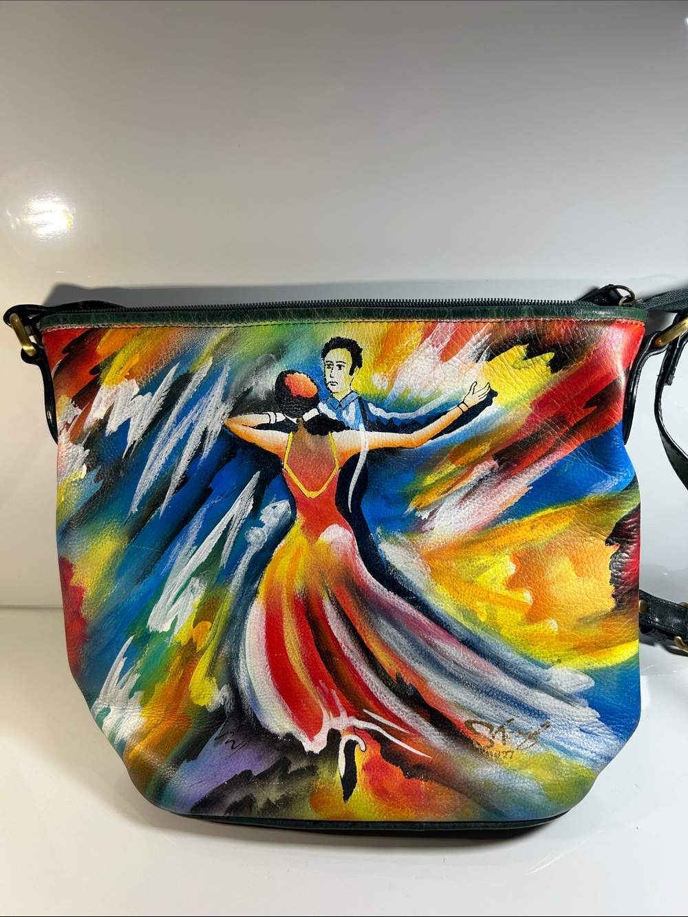 NWOT Sharif Hand Painted Leather Spanish Dancers Motif Crossbody Shoulder Bag